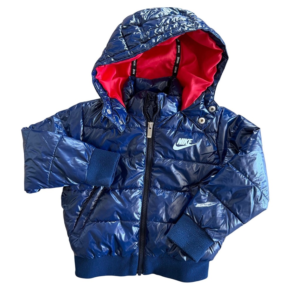 Nike Kids Hooded Puffer Jacket Navy Red Quilted Coat Size 4‎ XS 3-4Y Excellent
